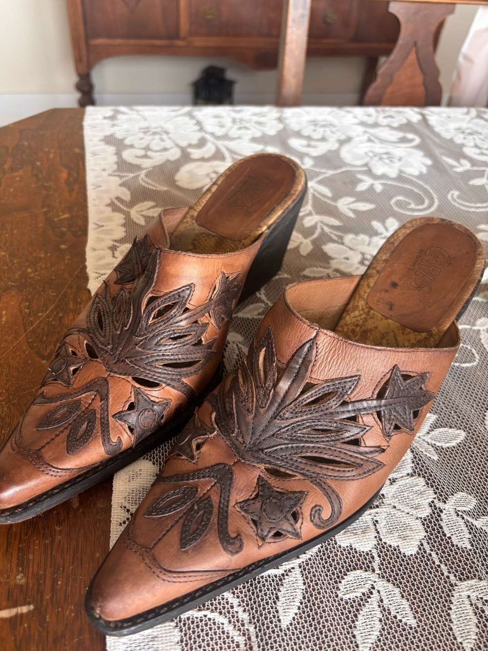 Carlos by Carlos Santana Rodeo Brown Leather Embroidered Mule Heels, Women’s 8.5
